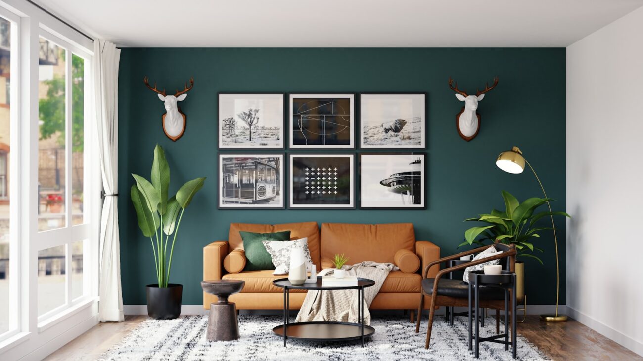 Dark green living room with timber floor