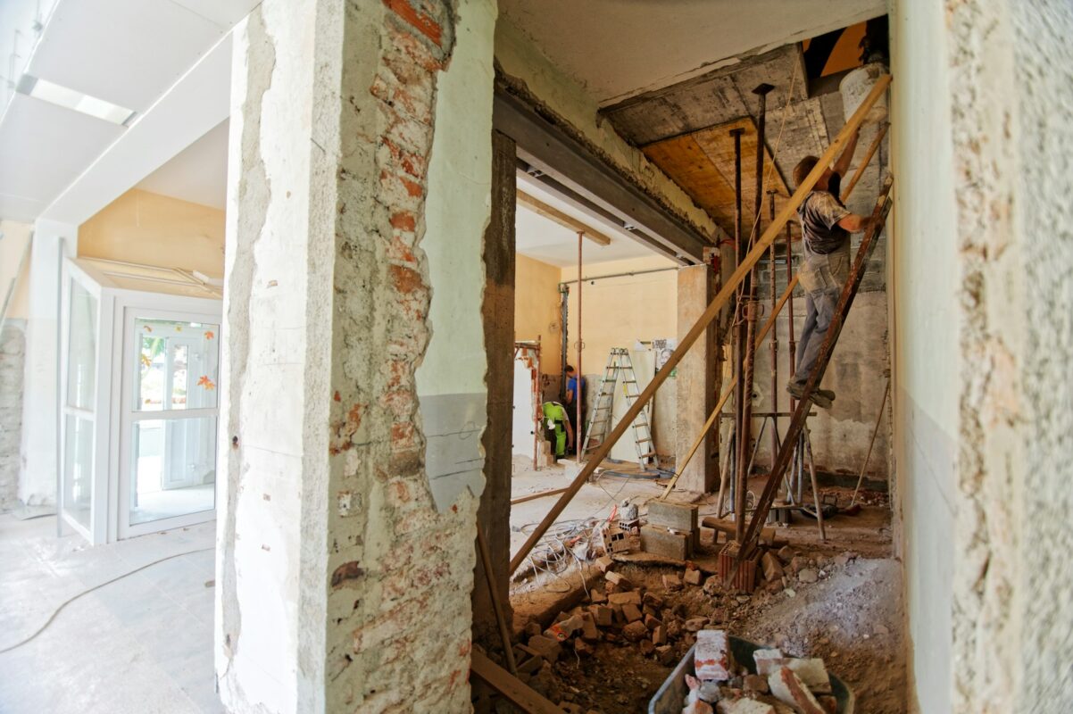 Renovation site with exposed timber framing